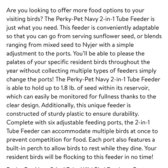 Perky-Pet Navy 2-in-1 Tube Wild Bird Feeder - Picture 5 of 5